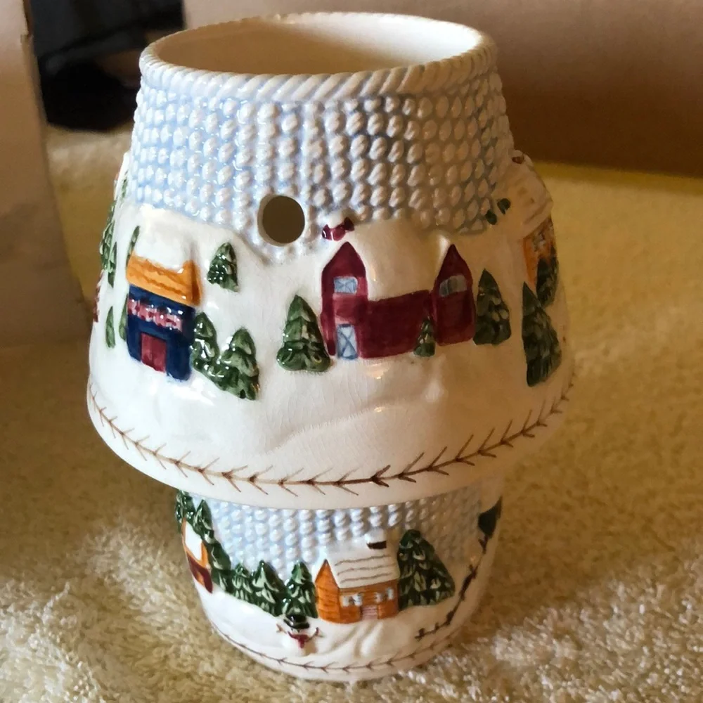 Winter Village Scene votive candle holder with shade Russ Berrie